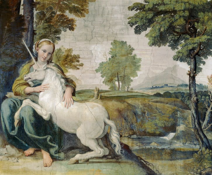 The gentle and pensive maiden has the power to tame the unicorn, fresco by Domenichino, c. 1604–05