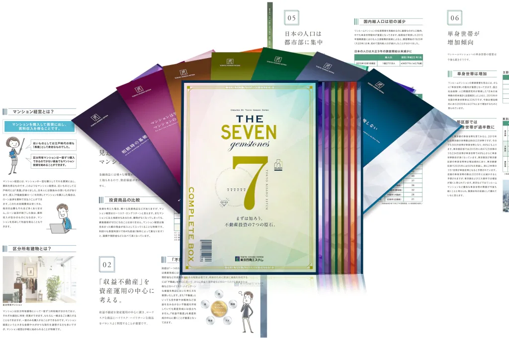 資料「THE SEVEN gemstones COMPLETE BOX」。不動産投資の基礎をまとめた7冊組の冊子を扇状に並べたもの