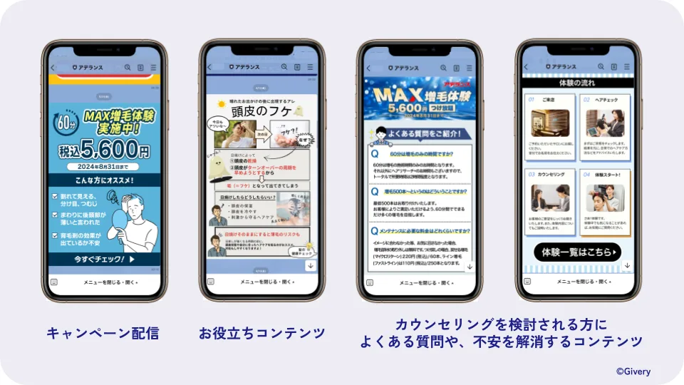 アデランスのLINE配信例。キャンペーン配信、頭皮のフケなどのお役立ちコンテンツ、カウンセリングを検討する方向けのよくある質問や不安を解消するコンテンツ、体験の流れの案内