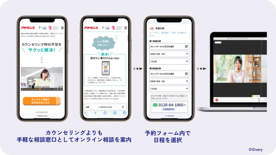 オンライン相談の導線。カウンセリングより手軽な相談窓口としてオンライン相談を案内し、予約フォーム内で日程を選択すると、ビデオ通話で相談できる