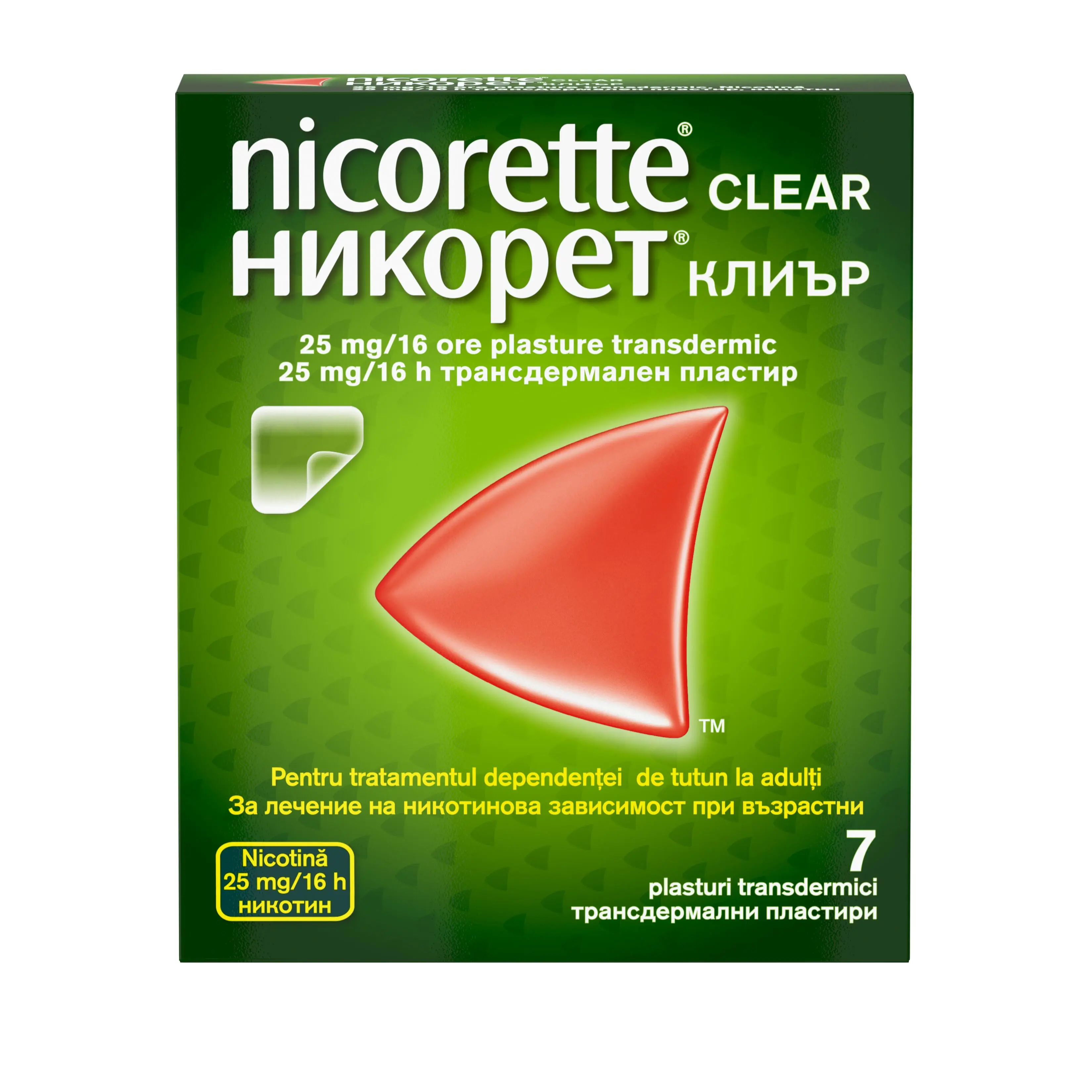 pachet frontal NICORETTE® Clear 25 mg/16h plasture transdermic