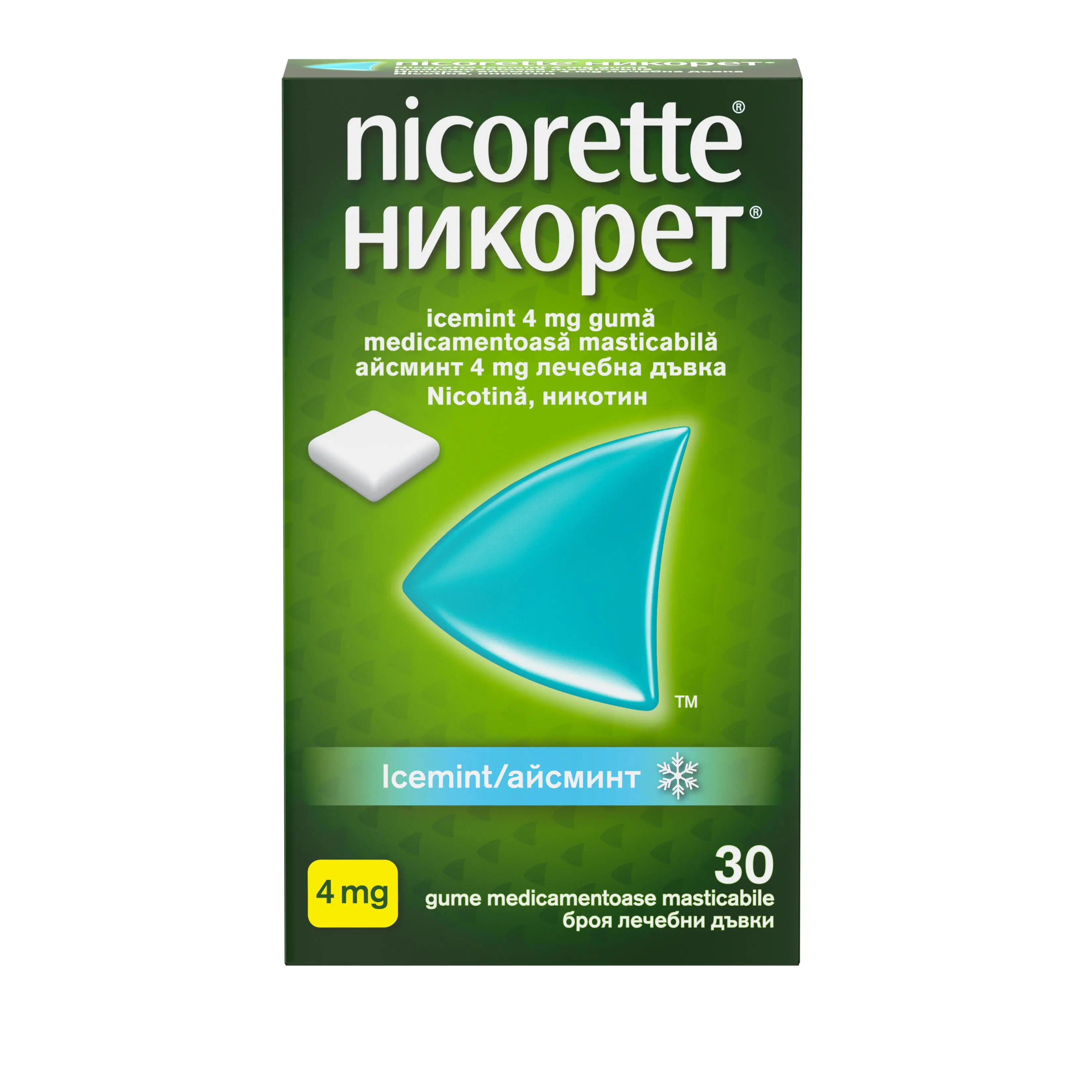 pachet frontal NICORETTE® Icemint 4 mg gumă medicamentoasă masticabilă