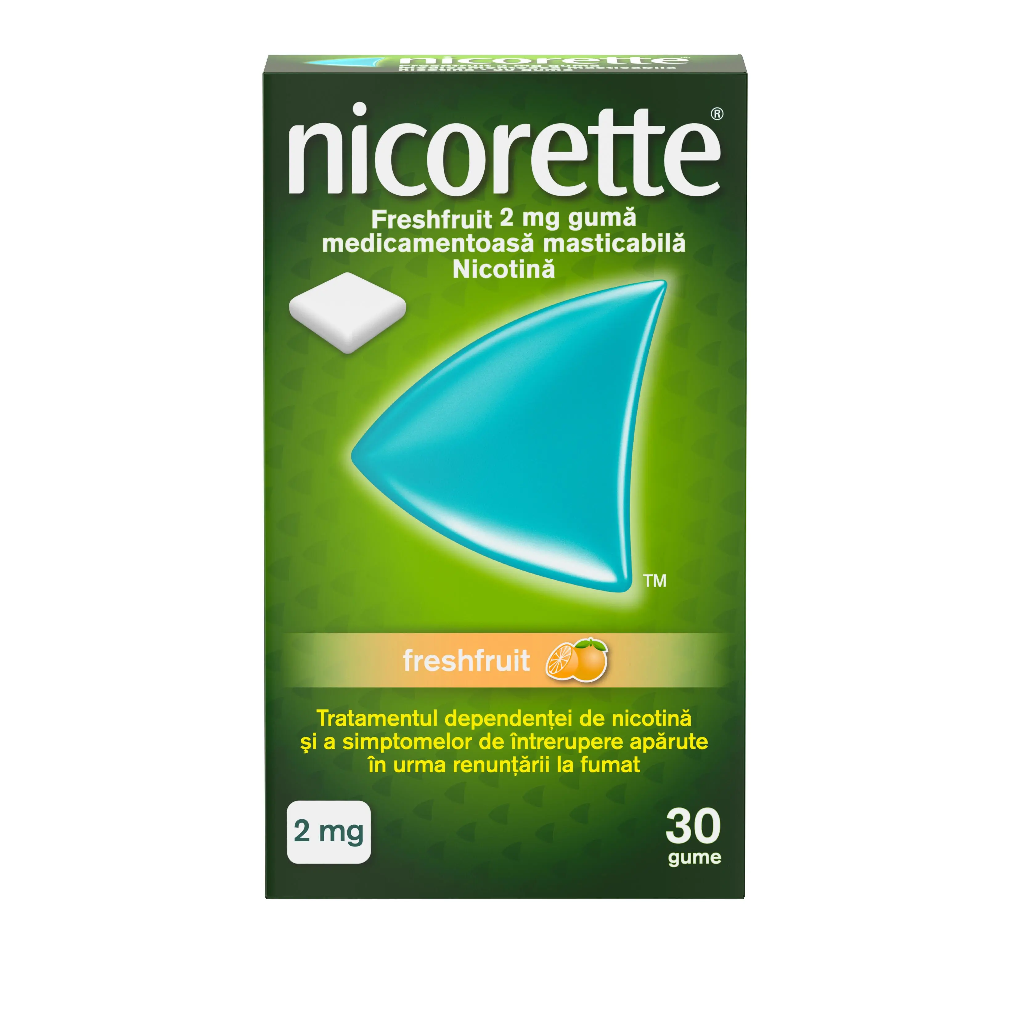 pachet frontal NICORETTE® Freshfruit 2 mg gumă medicamentoasă masticabilă
