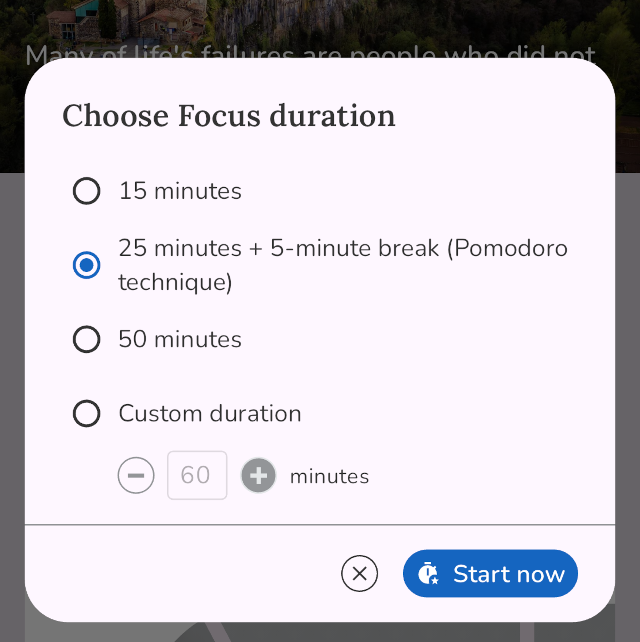 Choose Focus duration dialog