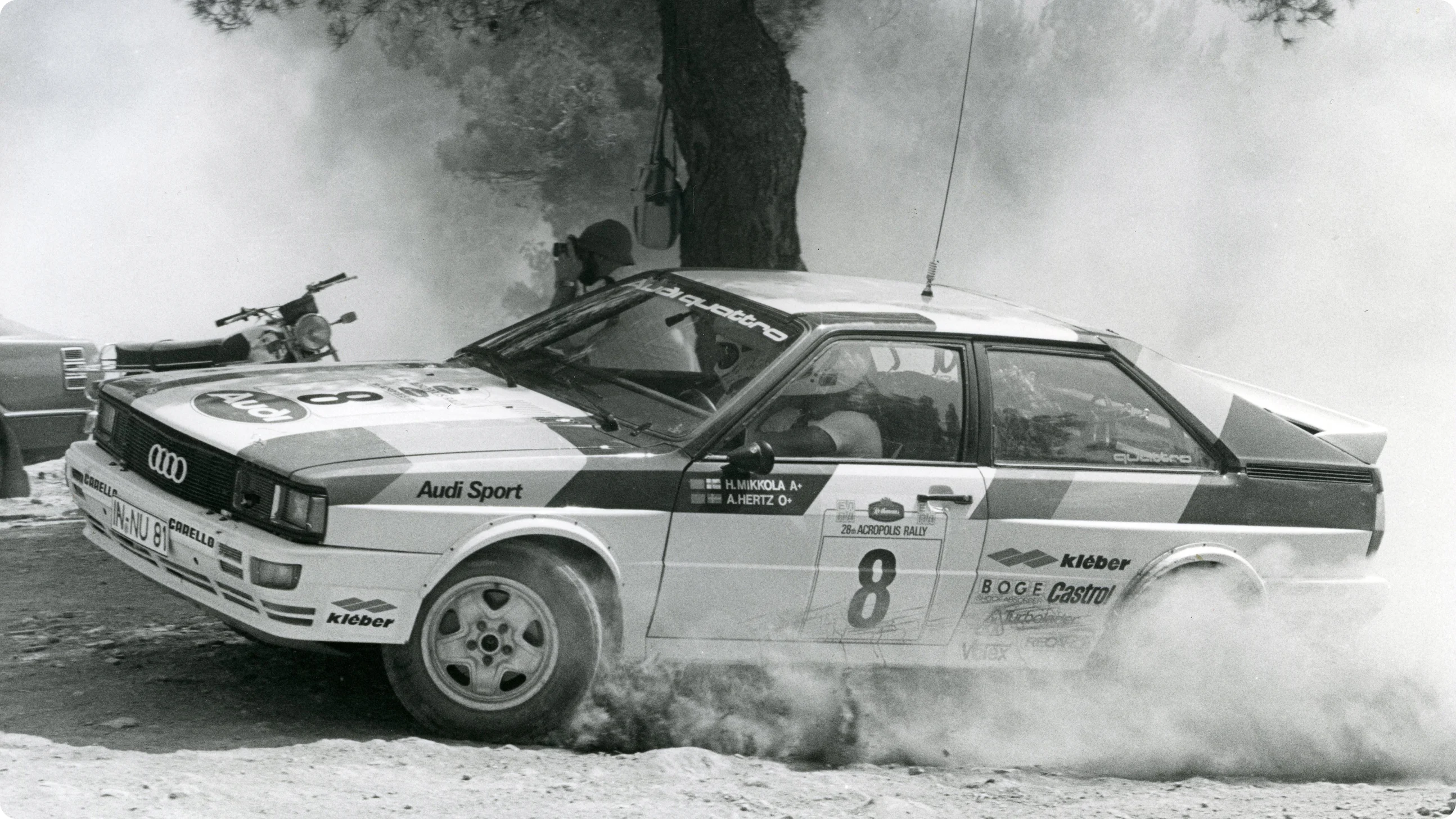 Action shot of A Hertz and Hannu Mikkola s Audi Quattro in a sequence from Castrol film Chariots in the Sun Original Image