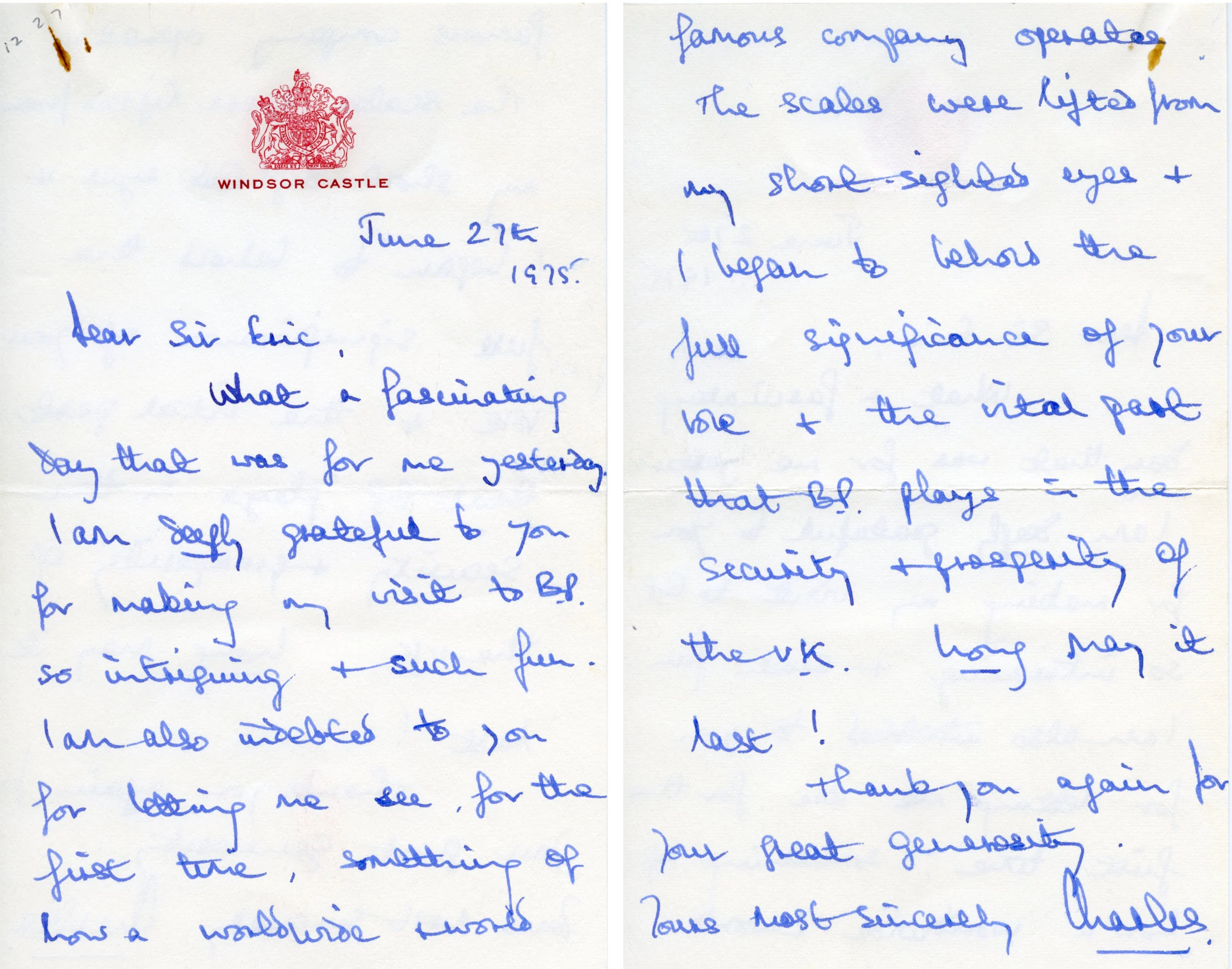 Prince Charles’s thank you letter to bp chairman Sir Eric Drake following the board meeting