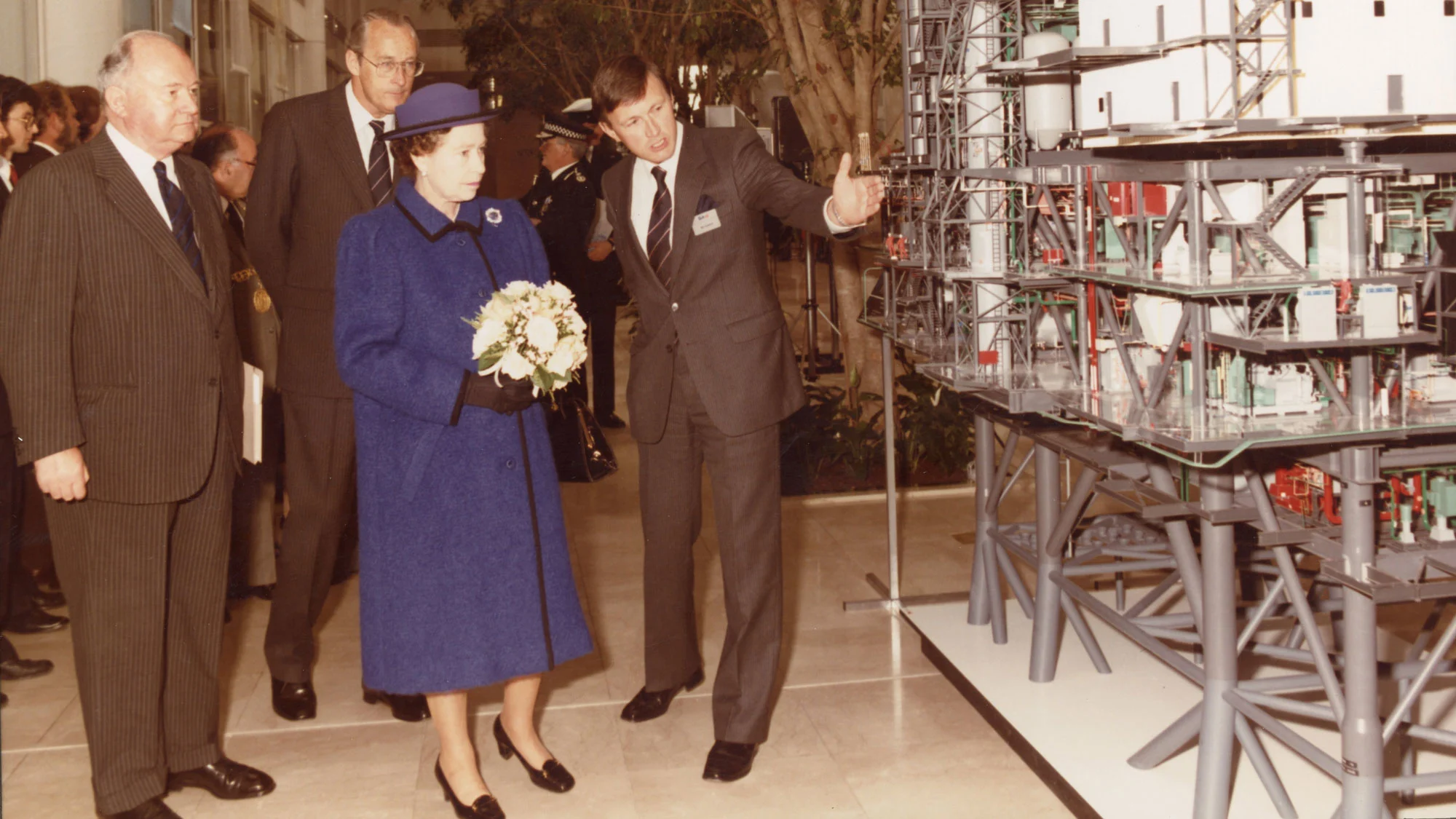 The Queen is shown a model of the Clyde platform, 1987