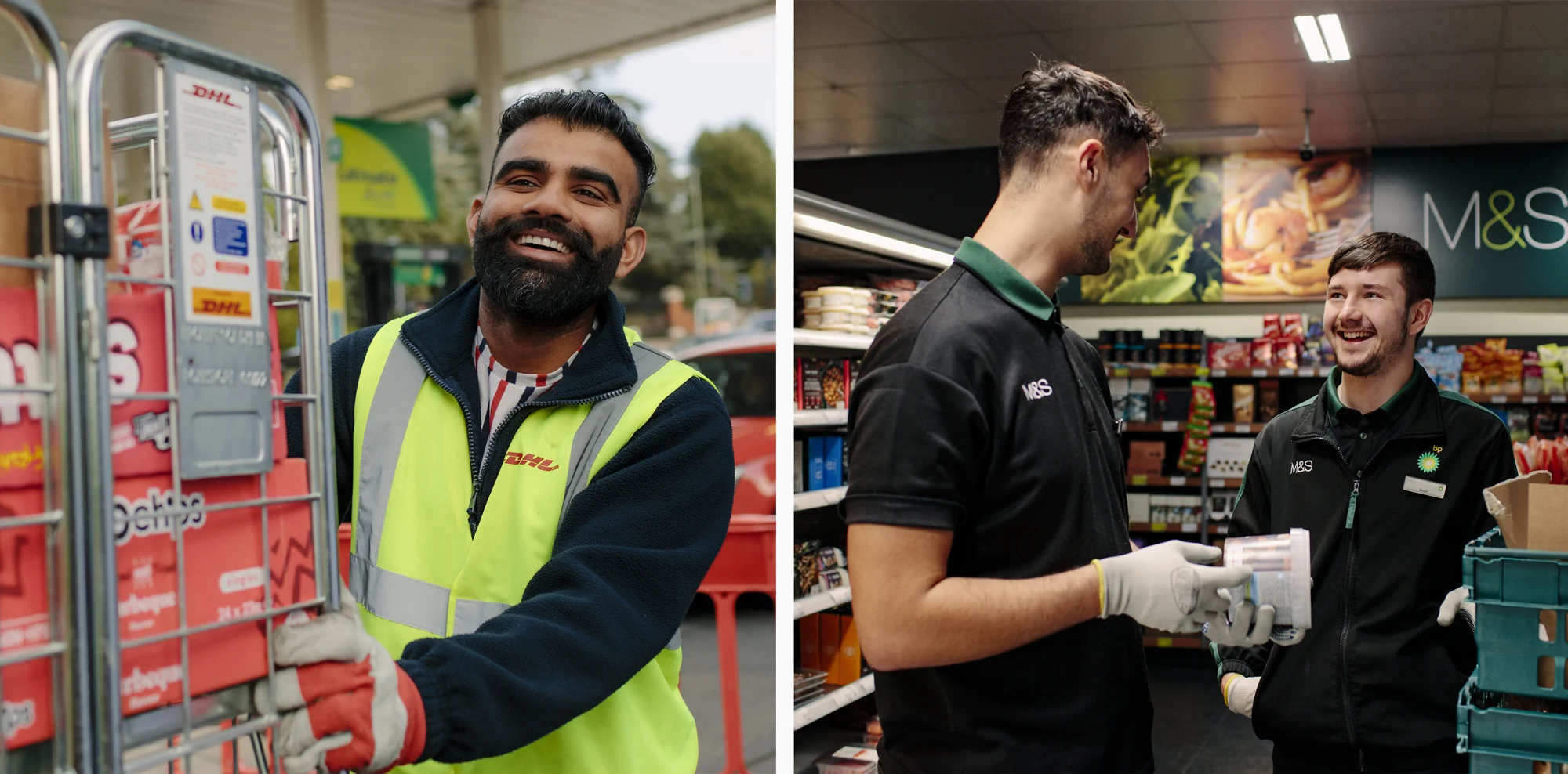 Delivering goods and retail staff at a bp forecourt M&S store in the UK