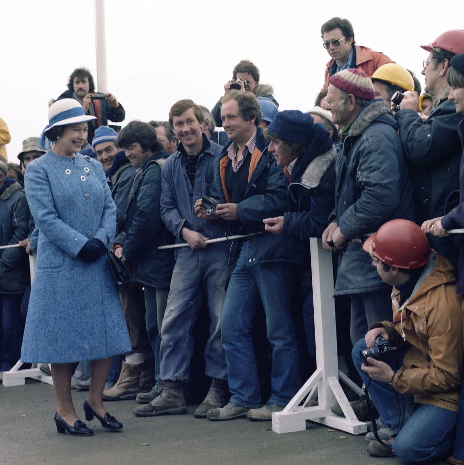 Her Majesty meets workers at bp’s Sullom Voe terminal in Shetland, 1981