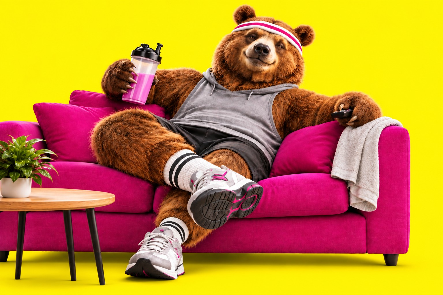Ein Braunbaer in Sportkleidung liegt entspannt auf einer pinken Couch, Shaker in der Pfote, Fernbedienung in der anderen.