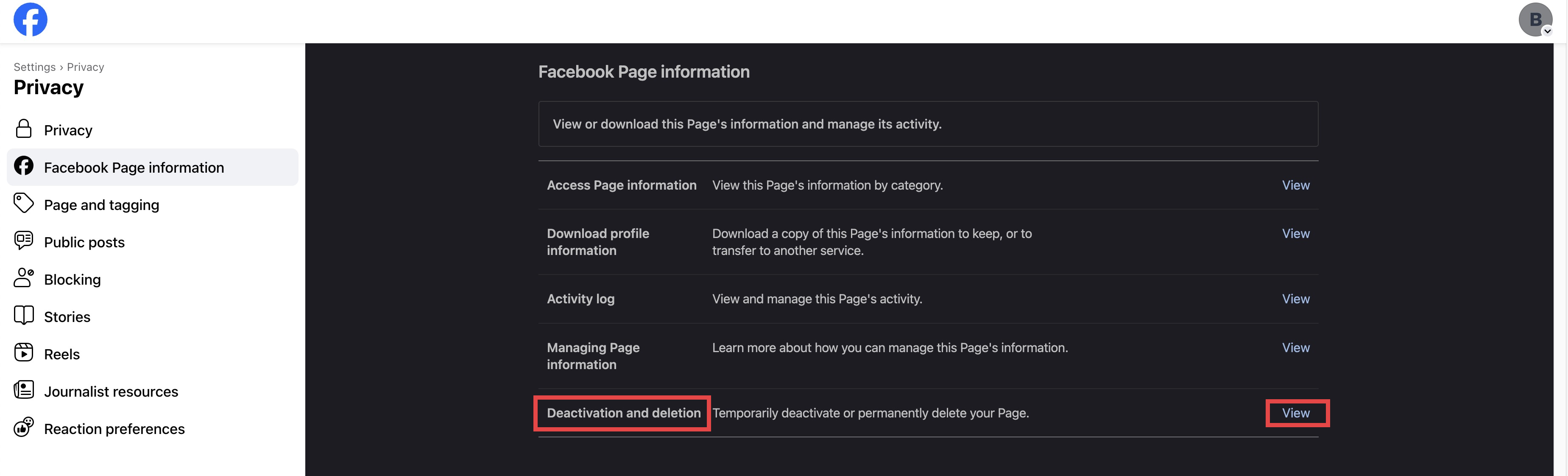 Screenshot of how to view the deactivation and deletion option for Facebook business pages