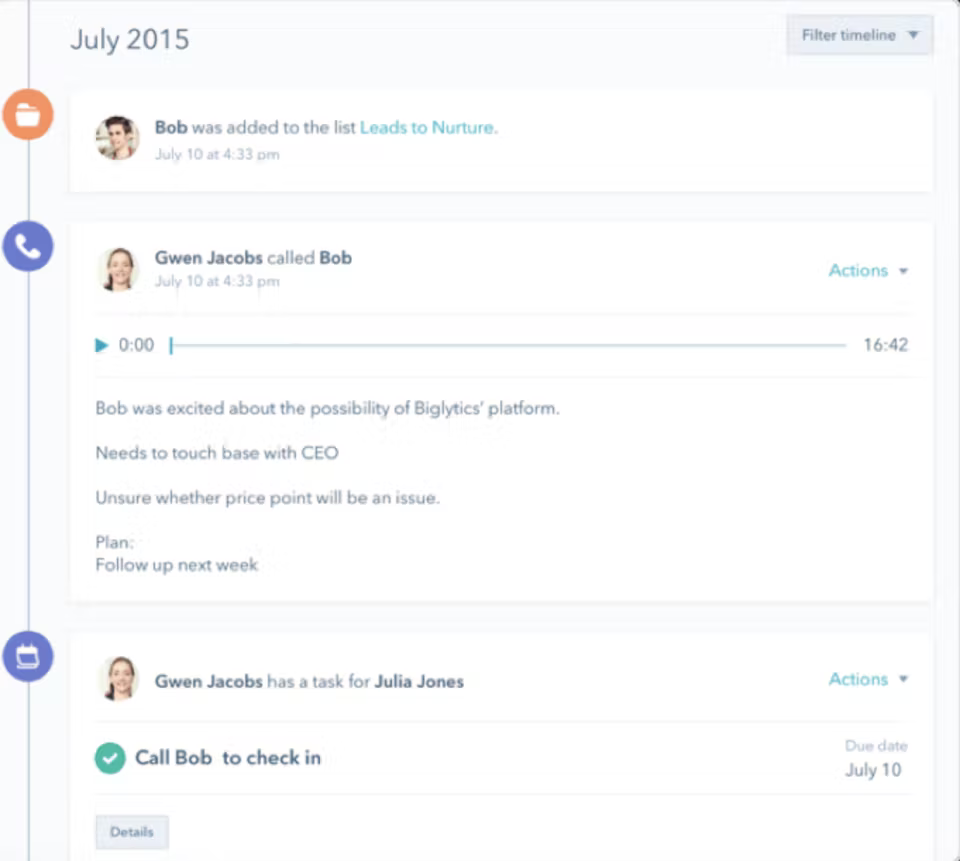 Screenshot of call recording feature in Hubspot CRM