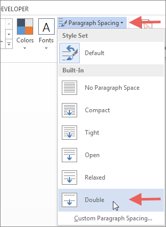 Paragraph spacing menu in Word screenshot for the blog article "How To Double Space in Word"