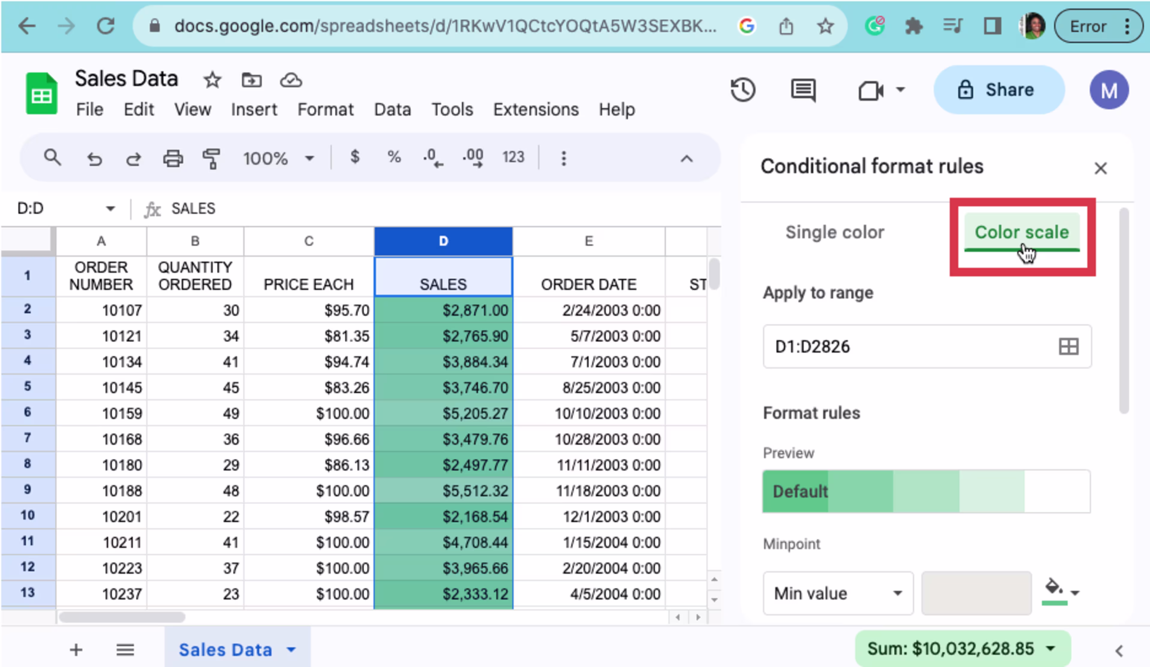Graphic of 'color scale' on Google Sheets