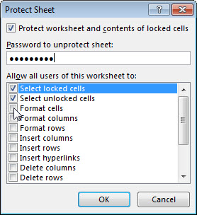 Screenshot of "Protect Sheet" window that gives password and user permission options
