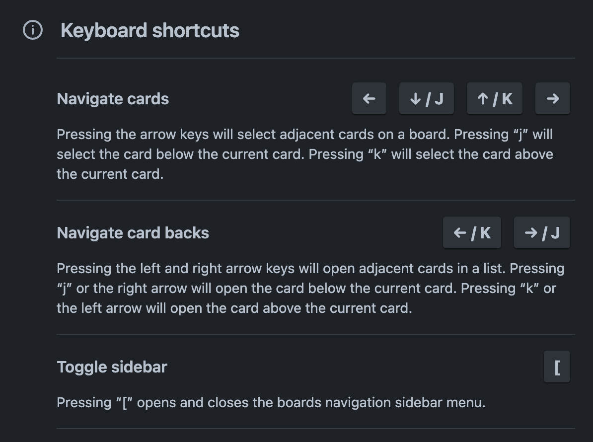 A screenshot of keyboard shortcuts to navigate Trello.