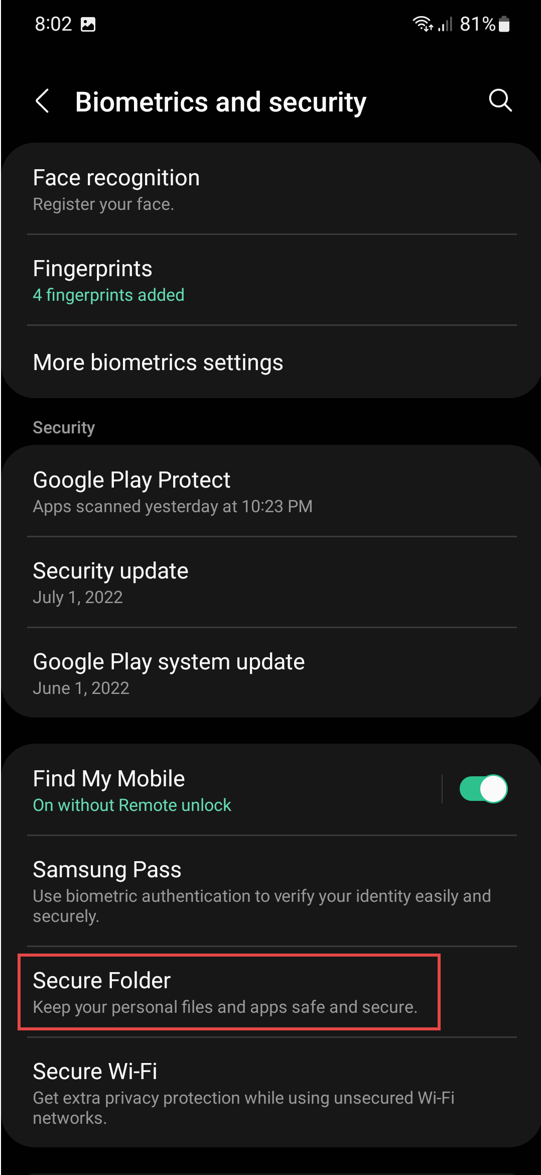 Navigate to the “Secure folder” in the “Biometrics and security” settings on your device.
