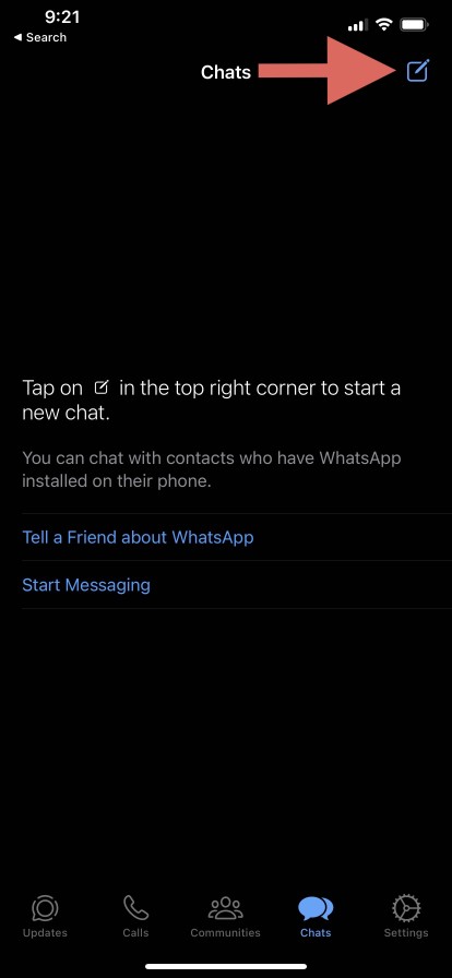 Tap chat in the top right hand corner screenshot for the blog article "How To Add Someone on WhatsApp: A Step-by-Step Guide"