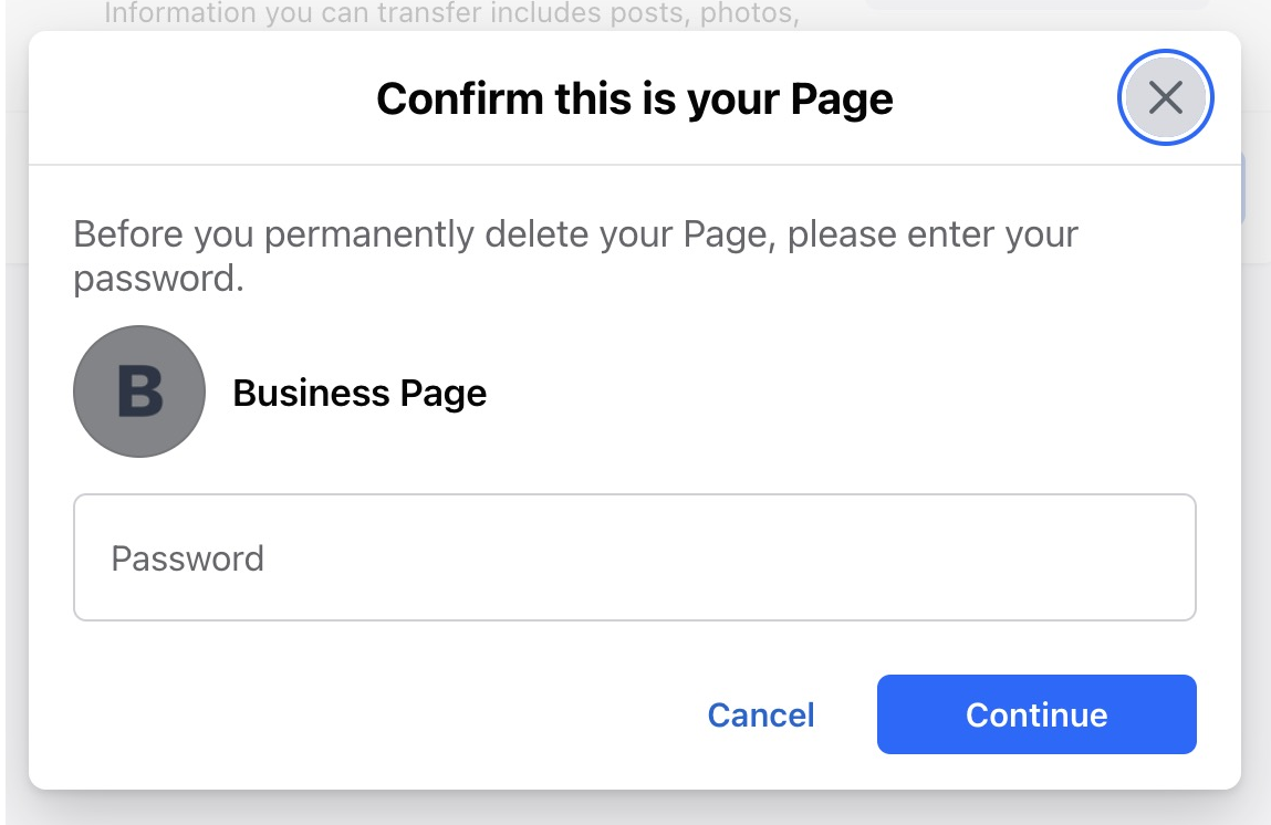 Screenshot showing how to enter your password in order to delete a Facebook business page