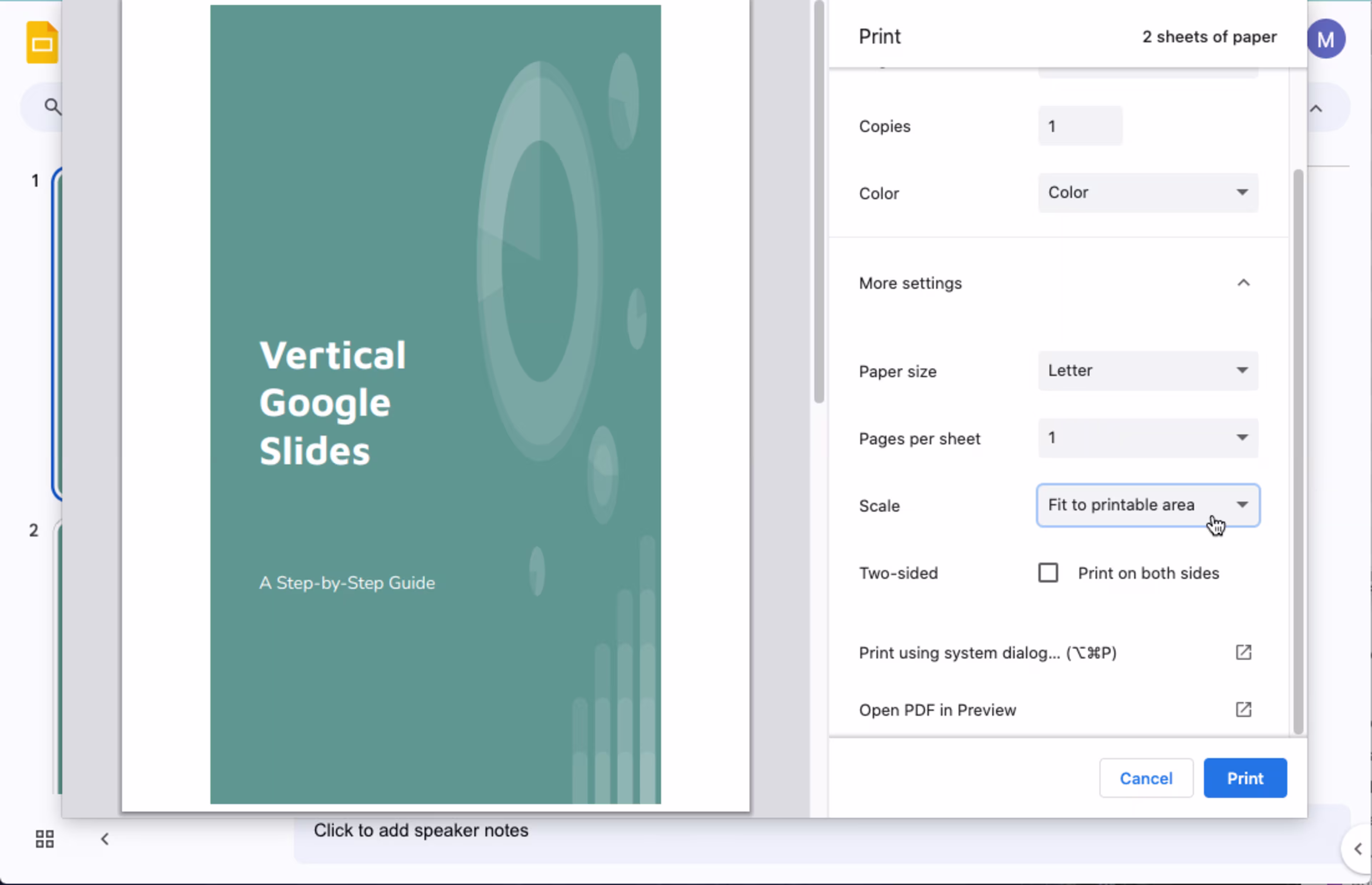 Graphic showing printer settings for Google Slides