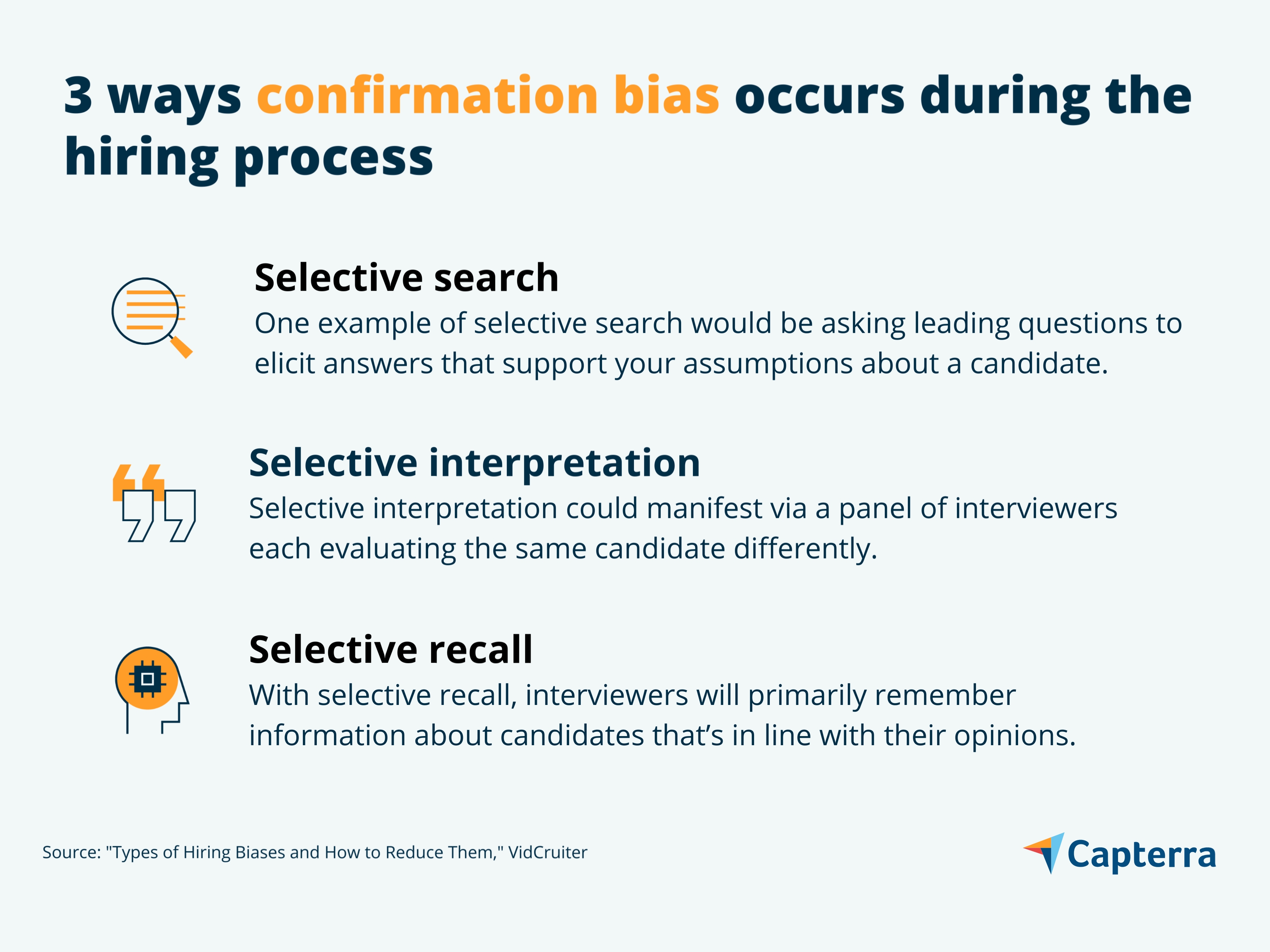 3 ways confirmation bias occurs during the hiring process graphic for the blog article "Hiring Bias: 3 Types Recruiting Leaders Should Be Aware Of"