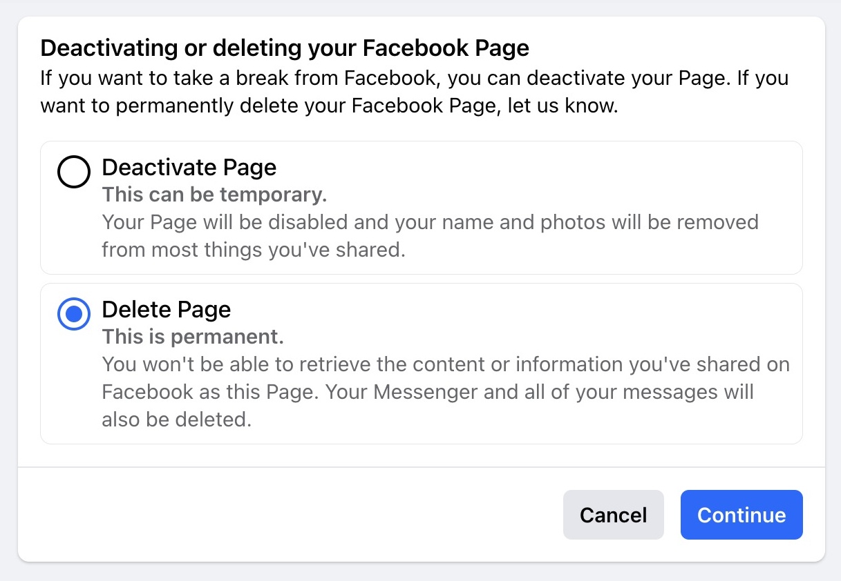 Screenshot showing how to select the delete page option in Facebook business pages