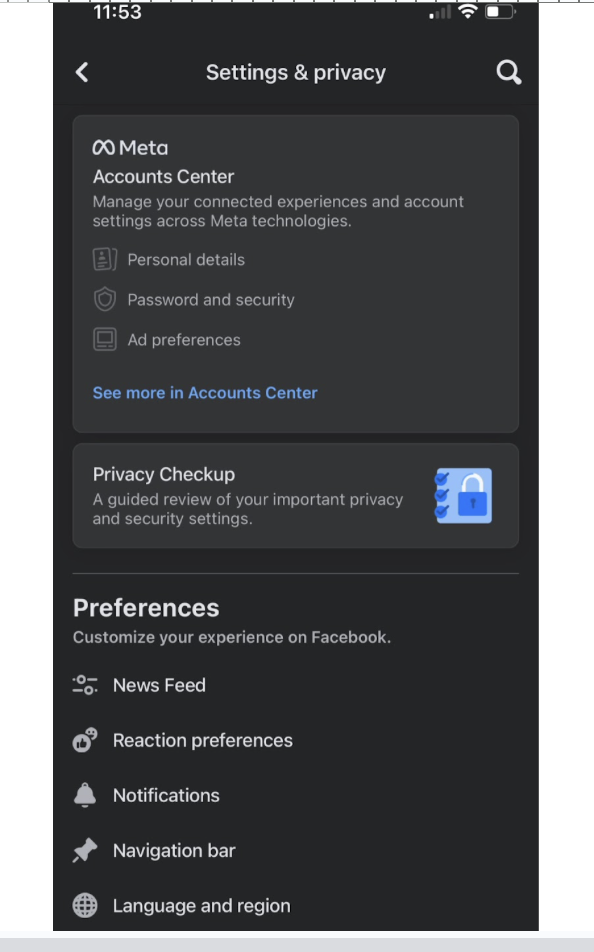 Menu for Facebook privacy settings on mobile device (Screenshot provided by author)
