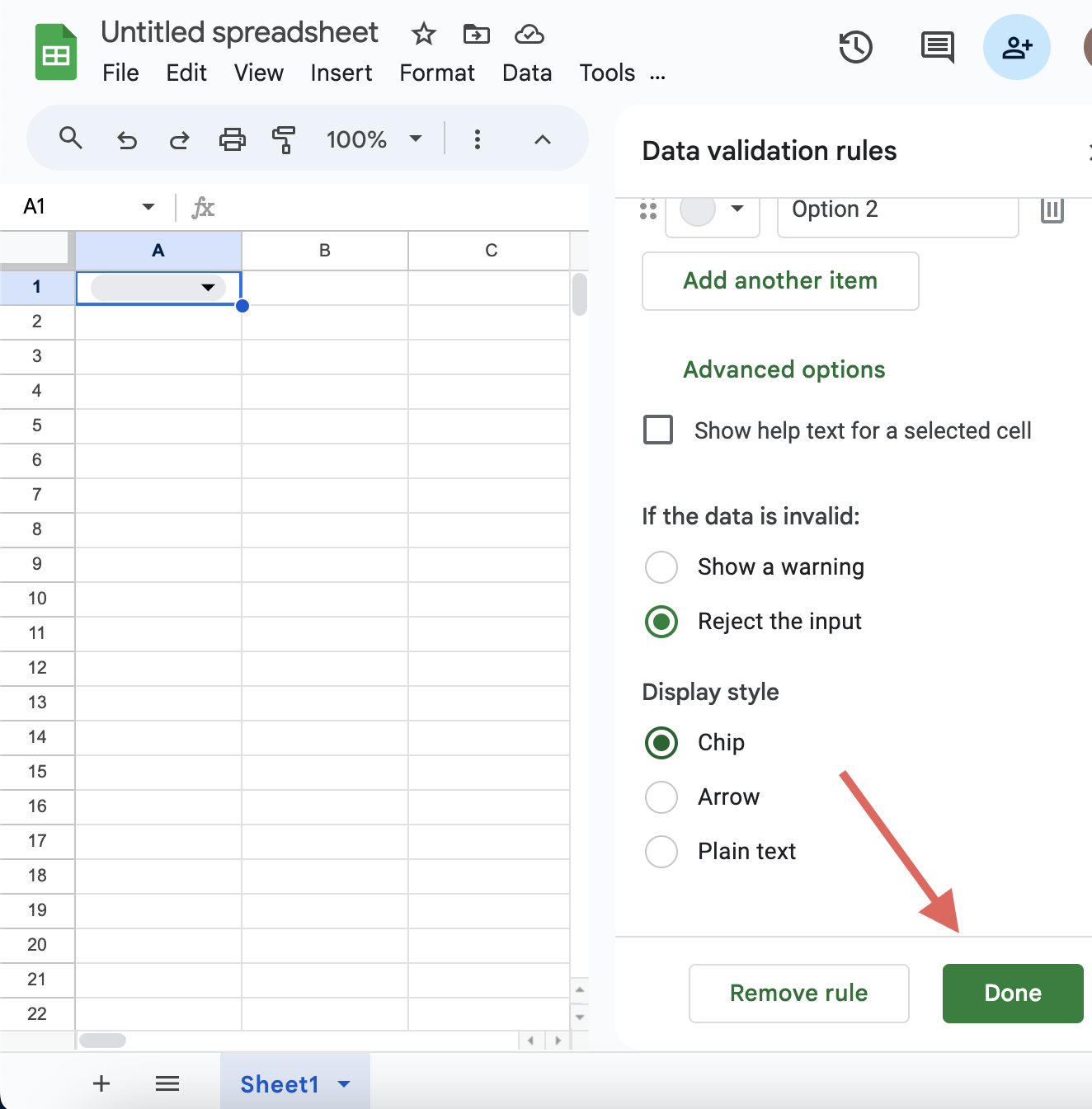 Select done screenshot for the blog article "How to Add a Drop Down List in Google Sheets: A Step-by-Step Guide"