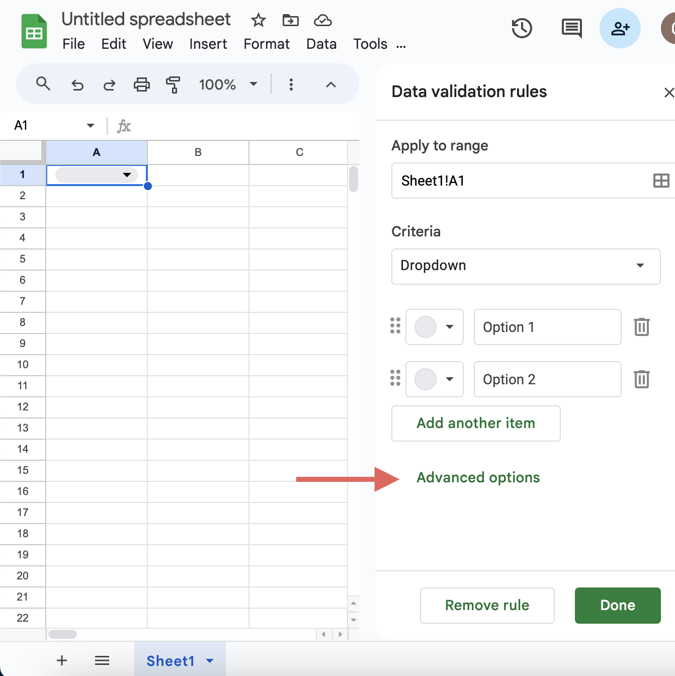 Click advanced options screenshot for the blog article "How to Add a Drop Down List in Google Sheets: A Step-by-Step Guide"