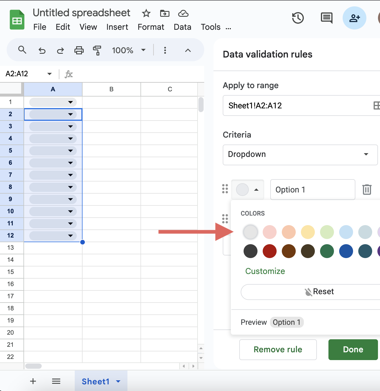 Click on the white dot to open the Colors menu screenshot for the blog article "How to Add a Drop Down List in Google Sheets: A Step-by-Step Guide"