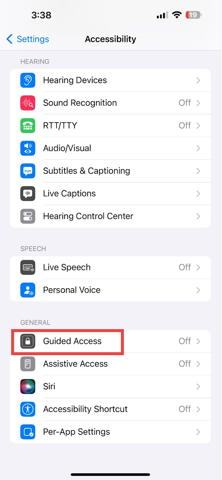 Once in Accessibility, scroll down to “Guided Access,” and select.
