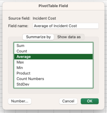 Screenshot on how to select your summary method in Excel for the blog article "How To Create a Pivot Table in Excel"