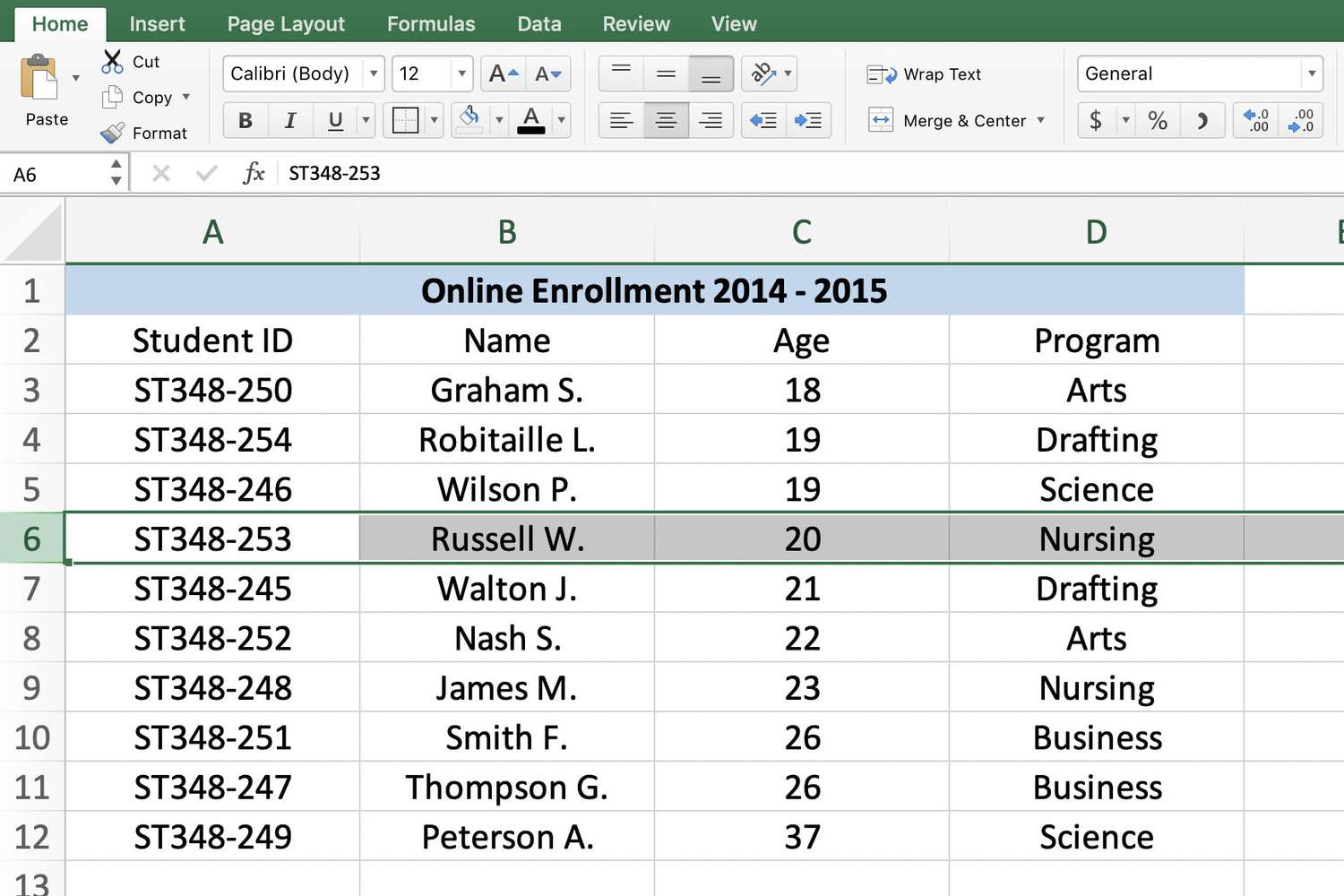 Graphic showing selected row in Excel
