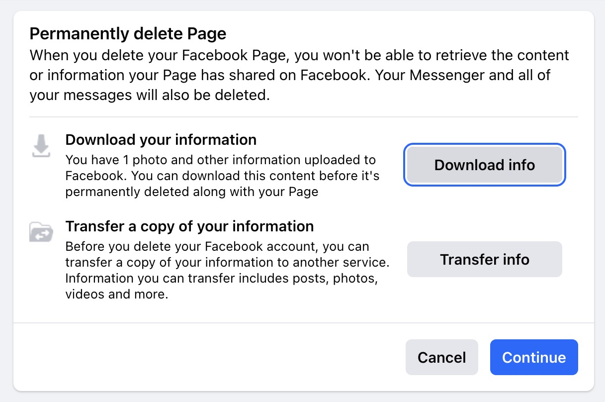 Screenshot showing download information options when deleting a Facebook business page