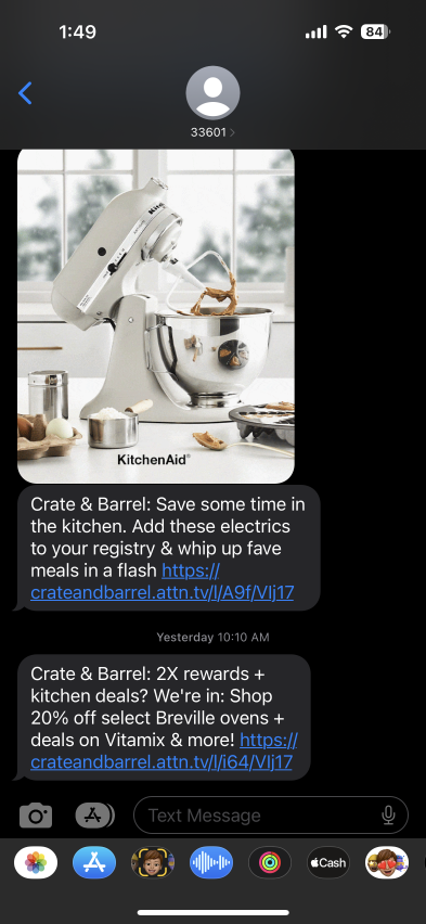Example of SMS marketing from Crate and Barrel screenshot for the blog article "Mobile Marketing Examples and Tactics to Emulate"