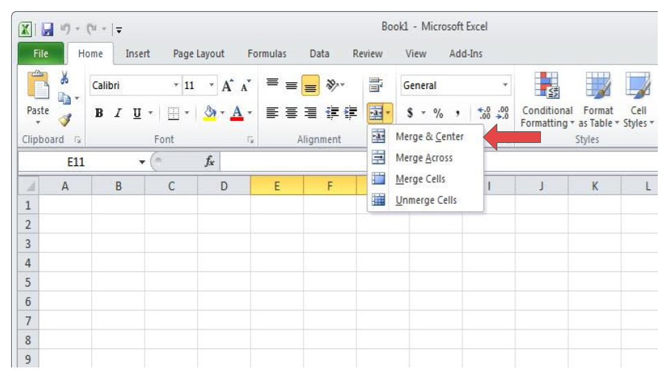 Screenshot of how to merge cells in Excel