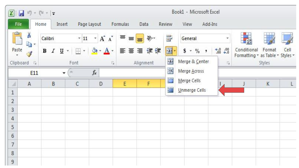 Screenshot of how to unmerge cells in Excel