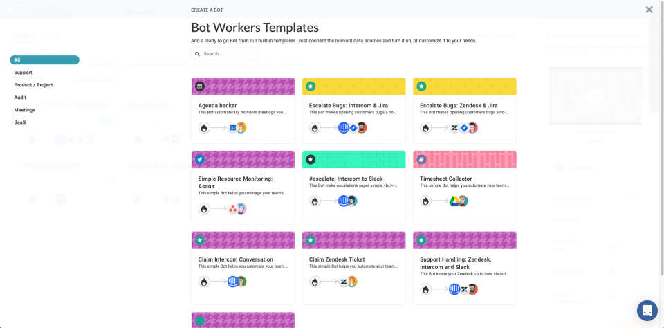 Screenshot of pre-built bot worker templates in Tonkean for the blog article "3 Ways AI Can Boost Your Customer Service Efforts"