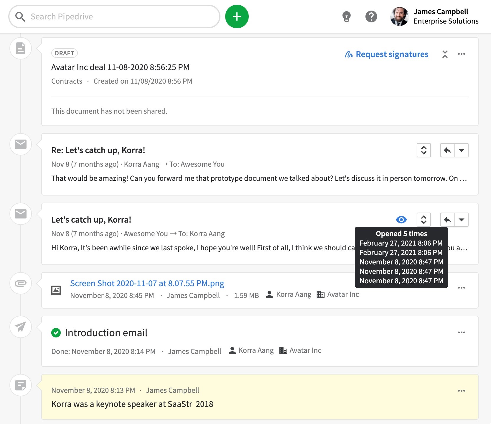 Image of email management feature in CRM platform Pipedrive