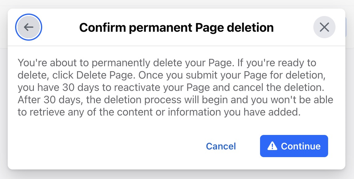 Screenshot showing the confirmation page for deleting a Facebook business page