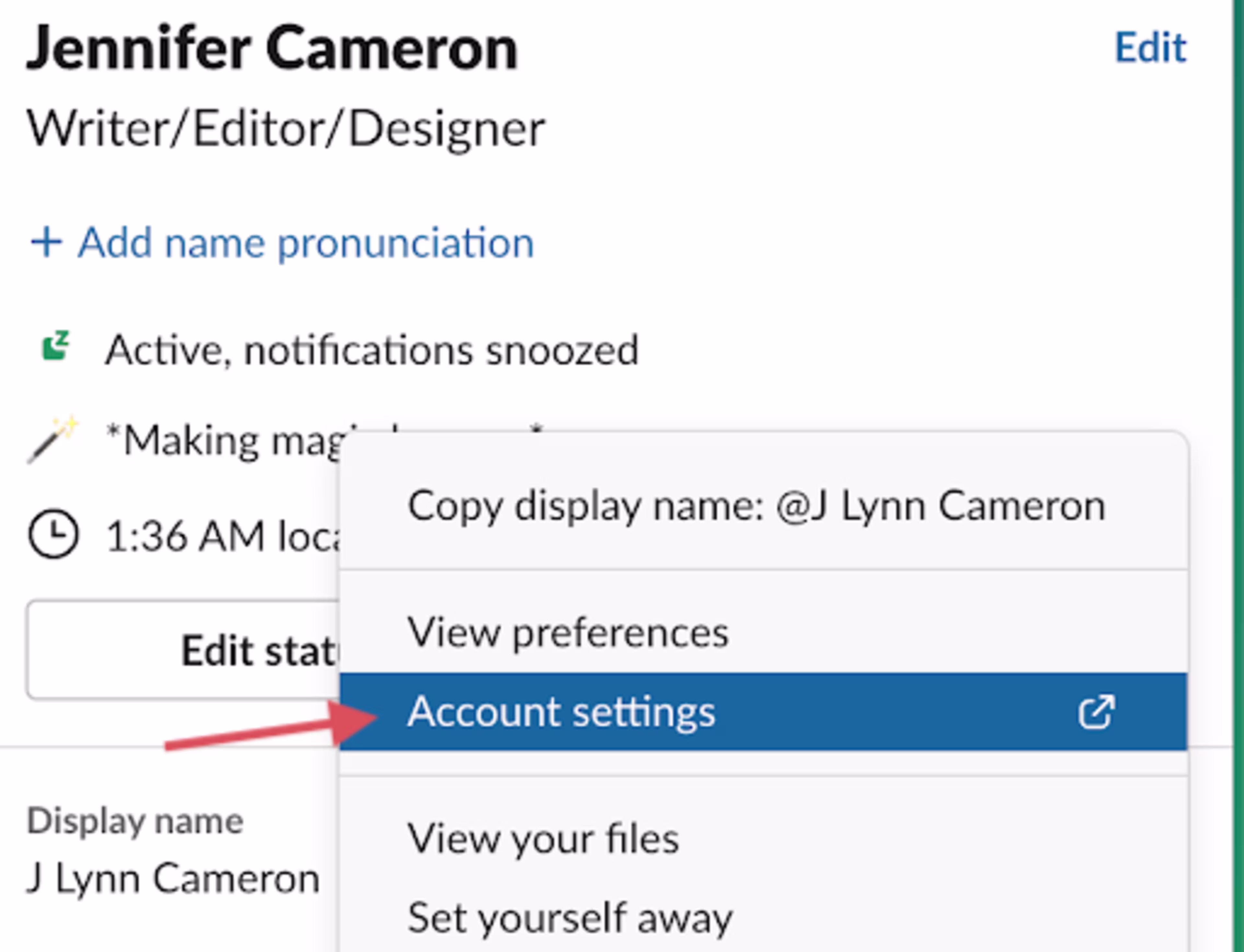Click "account settings" screenshot for the blog article "How To Remove Yourself from a Slack Workspace"
