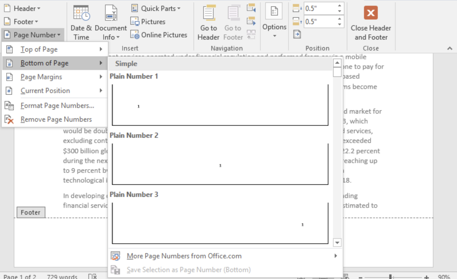 Screenshot of Page Number option in Word