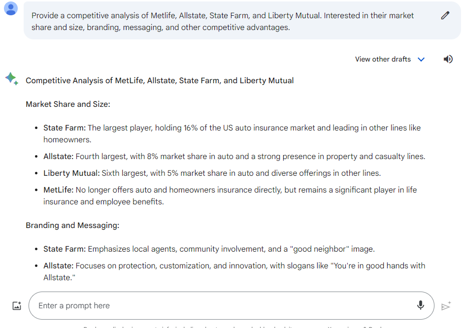 Screenshot of competitive analysis example from Google’s GenAI tool Bard, taken by author
