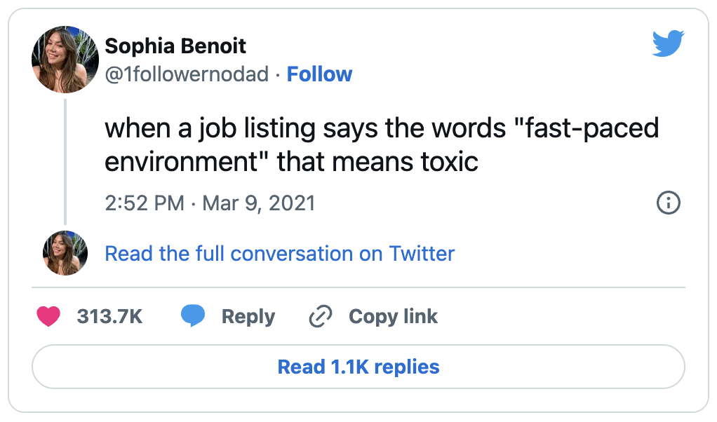 Fast-paced environment = toxic tweet screenshot for the blog article "A Recruiting Leader's Guide to Equitable Hiring Practices"