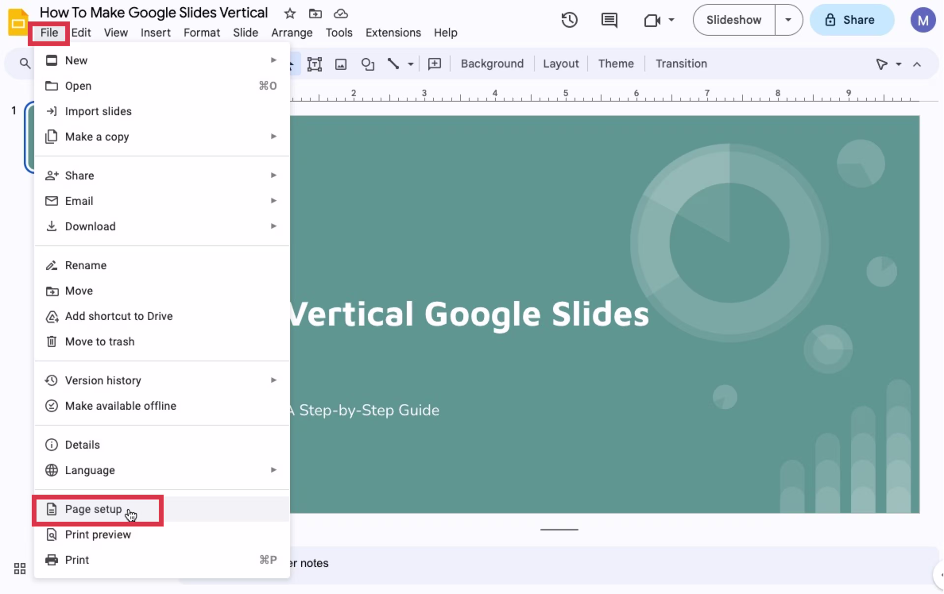 Graphic showing how to find Page setup option in Google Slides