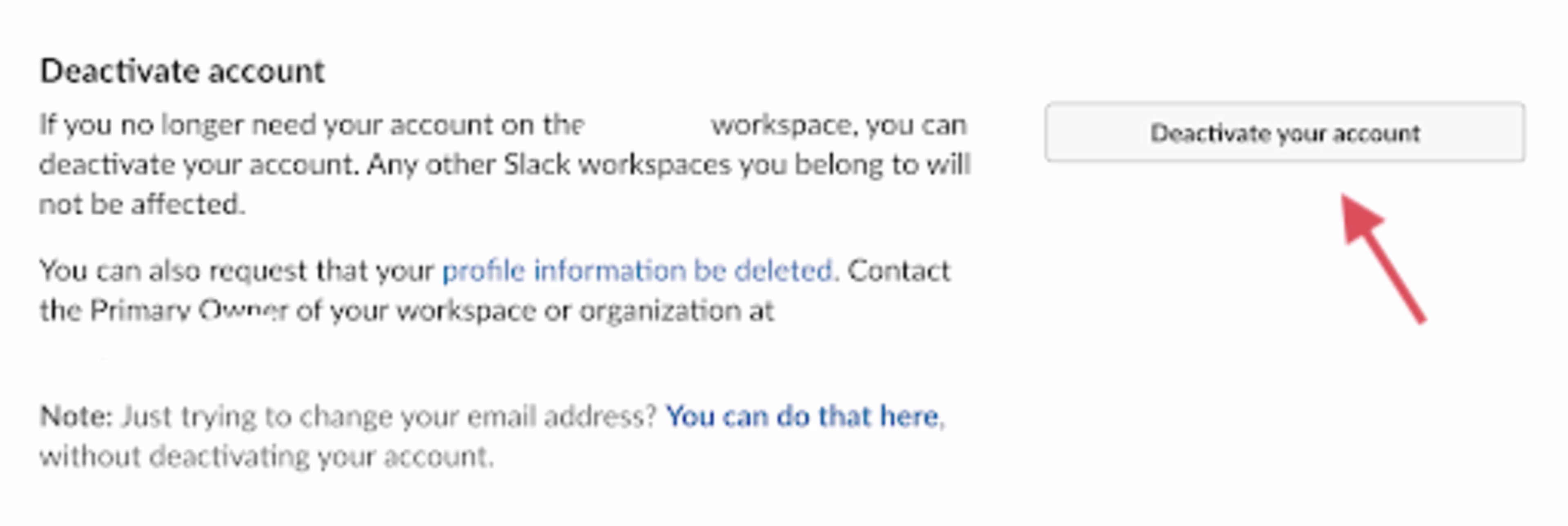 Scroll to click on "Deactivate account" screenshot for the blog article "How To Remove Yourself from a Slack Workspace"