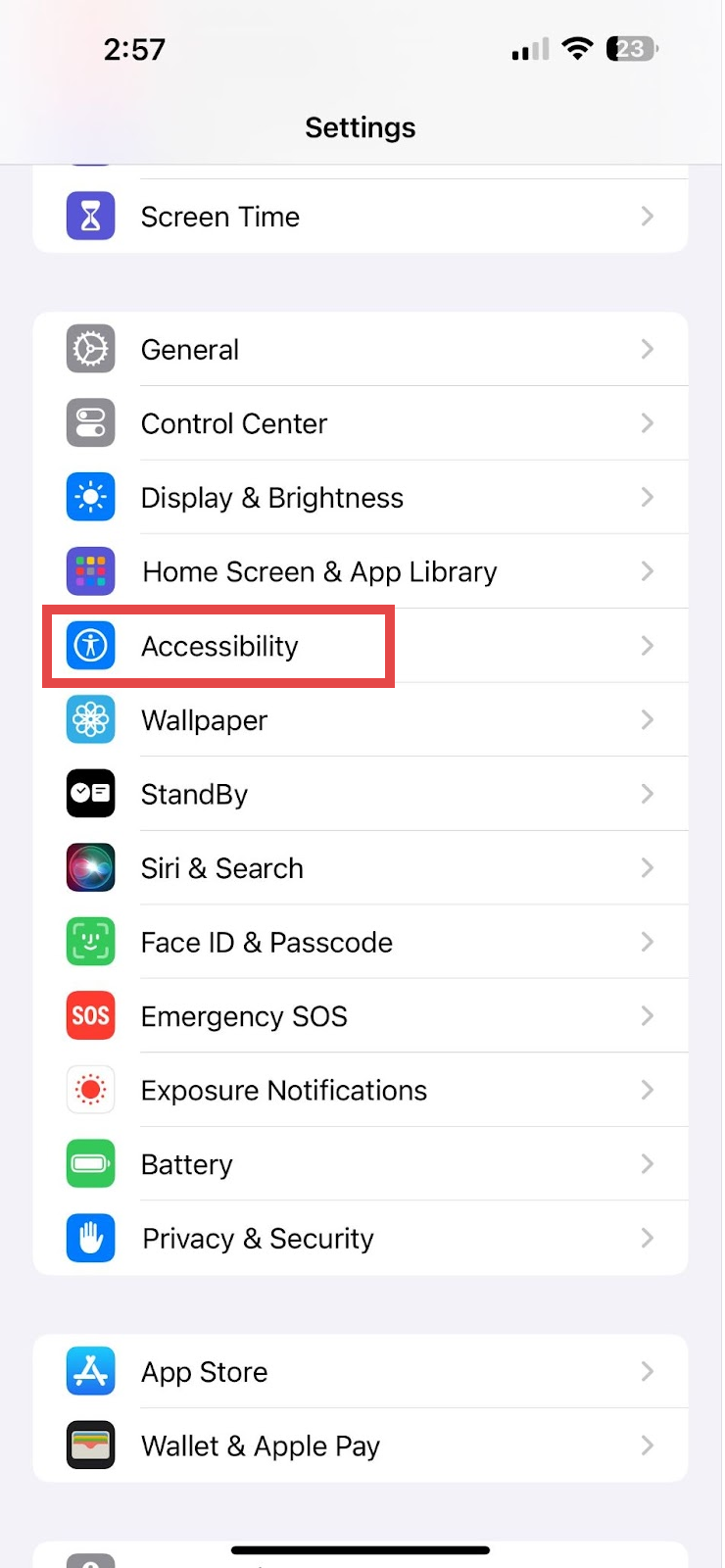 Open Settings, scroll down and select “Accessibility.”