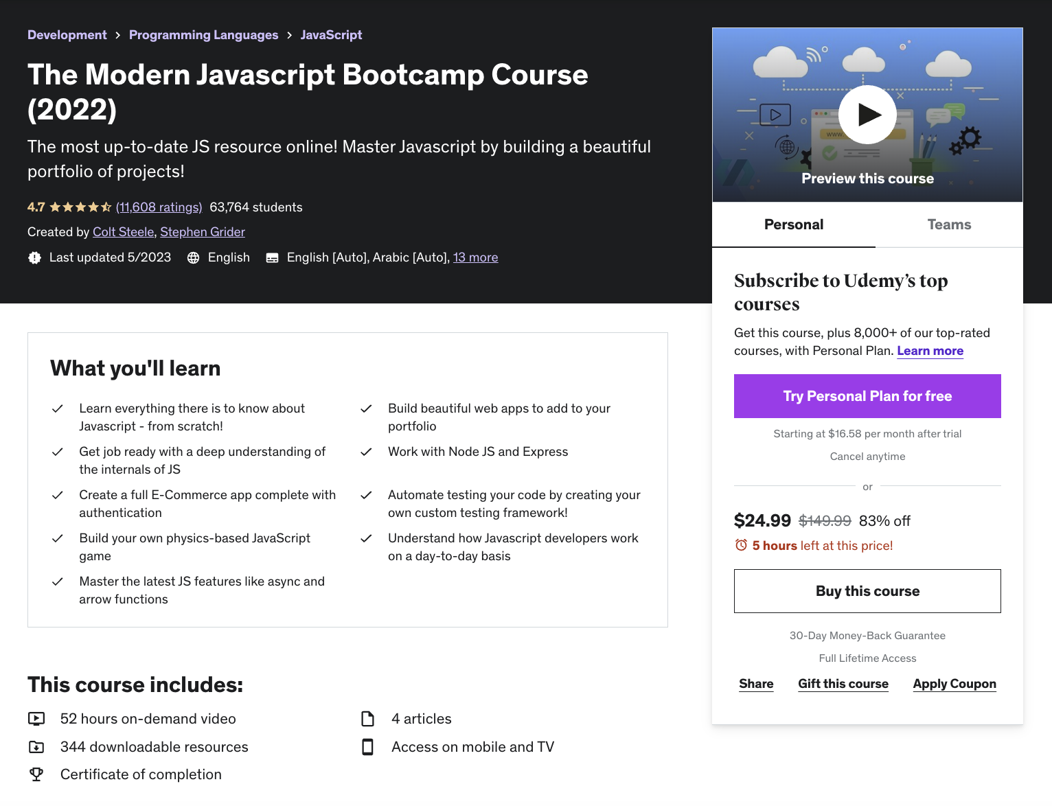 Screenshot of Udemy's Modern Javascript Bootcamp Course 2022