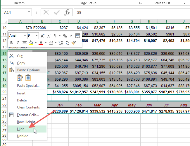 Select and click hide screenshot for the blog article "How To Unhide Columns in Excel"