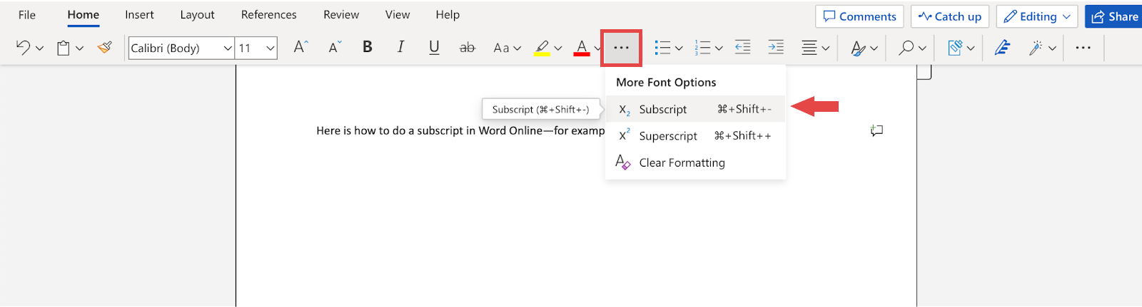 The “Subscript” and “Superscript” options can be found under “More Font Options.”